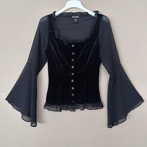 Black Velvet Women S Whimsigoth Dark Fairy Sheer Bell Sleeve Ruffle Top Coquette